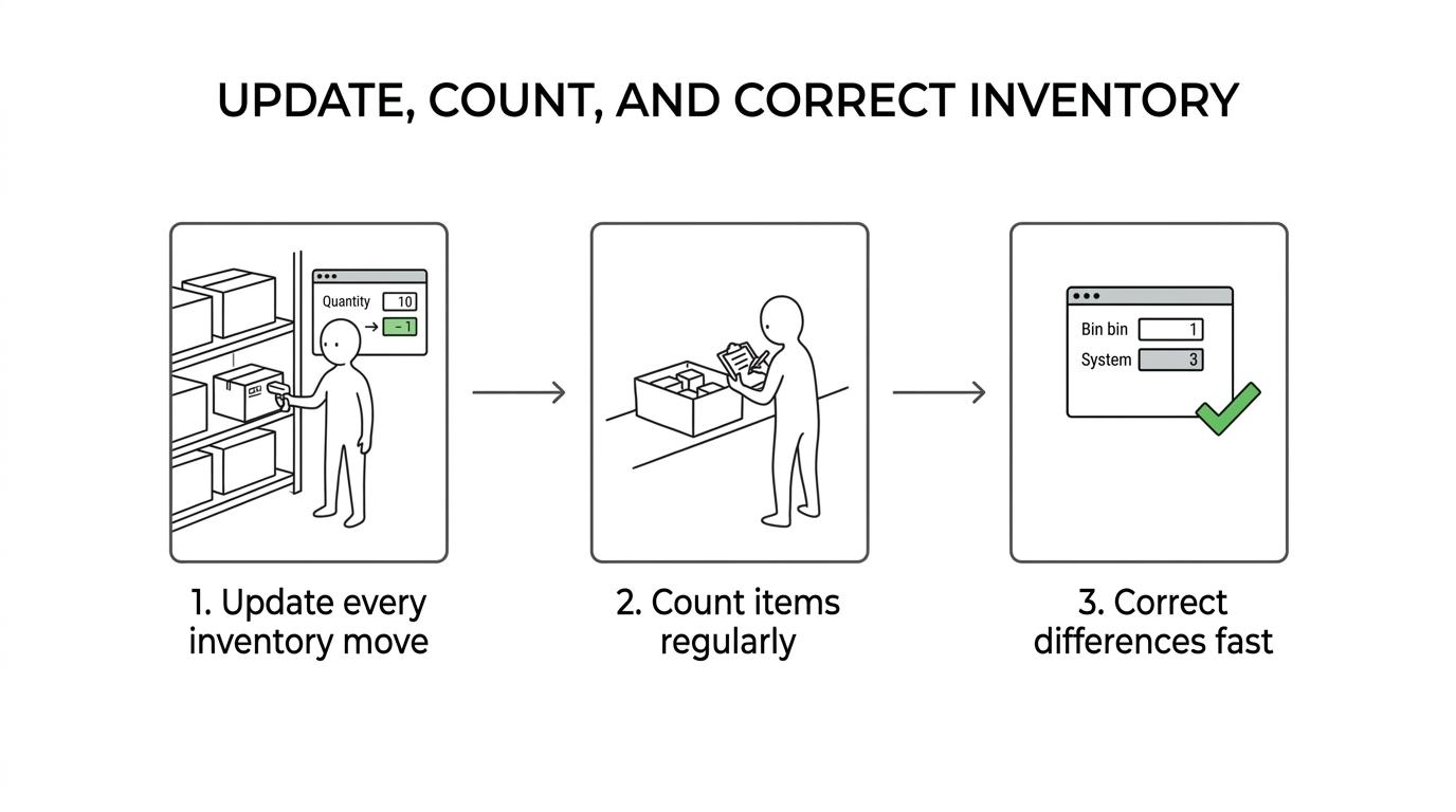 Flow diagram showing inventory moving through receiving, storage, picking, shipping, returns, adjustments, and cycle counting with records updating throughout.