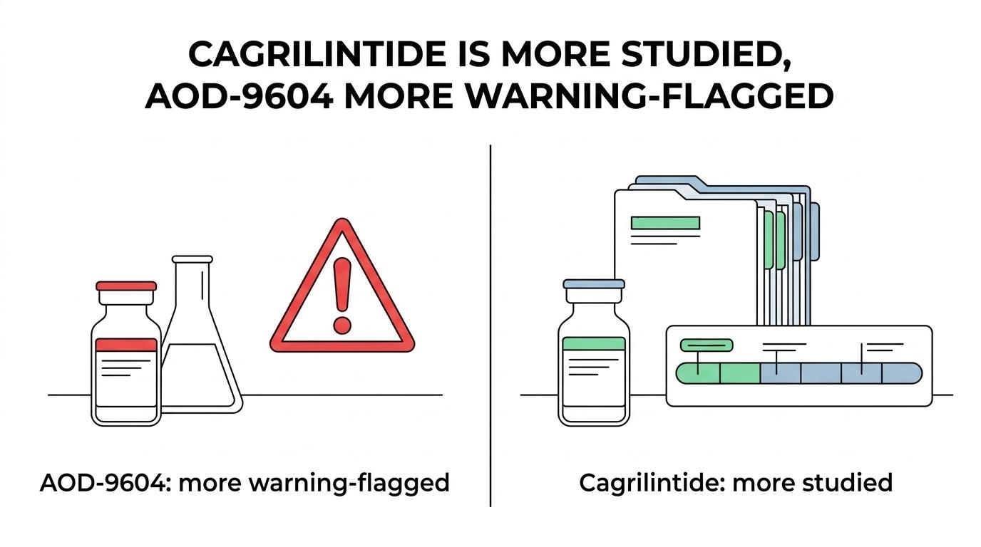 Side-by-side comparison of cagrilintide and AOD-9604 showing trial evidence, FDA status, safety concerns, and athlete restrictions.