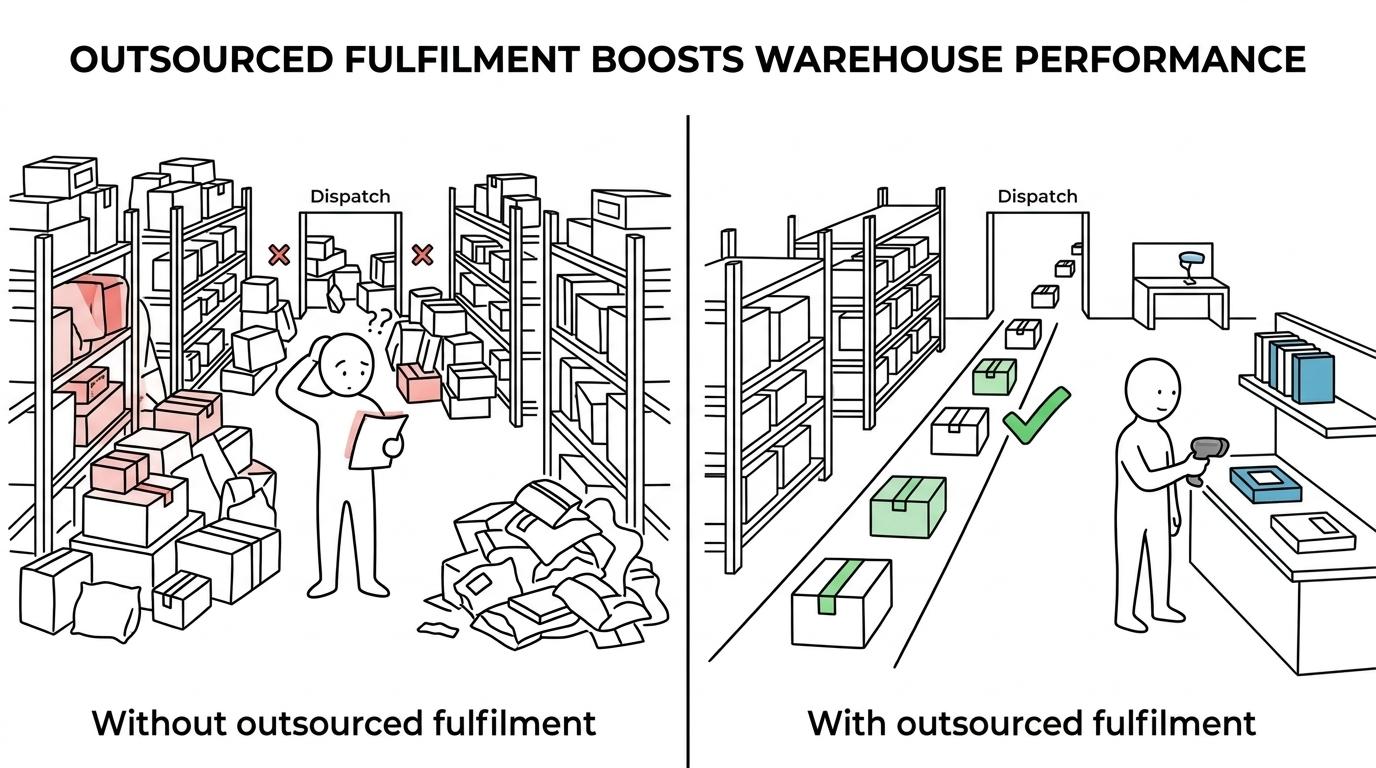 Side-by-side comparison of warehouse performance before outsourcing and after moving to a 3PL, showing improvements in same-day dispatch, order accuracy, monthly capacity, and returns processing time.