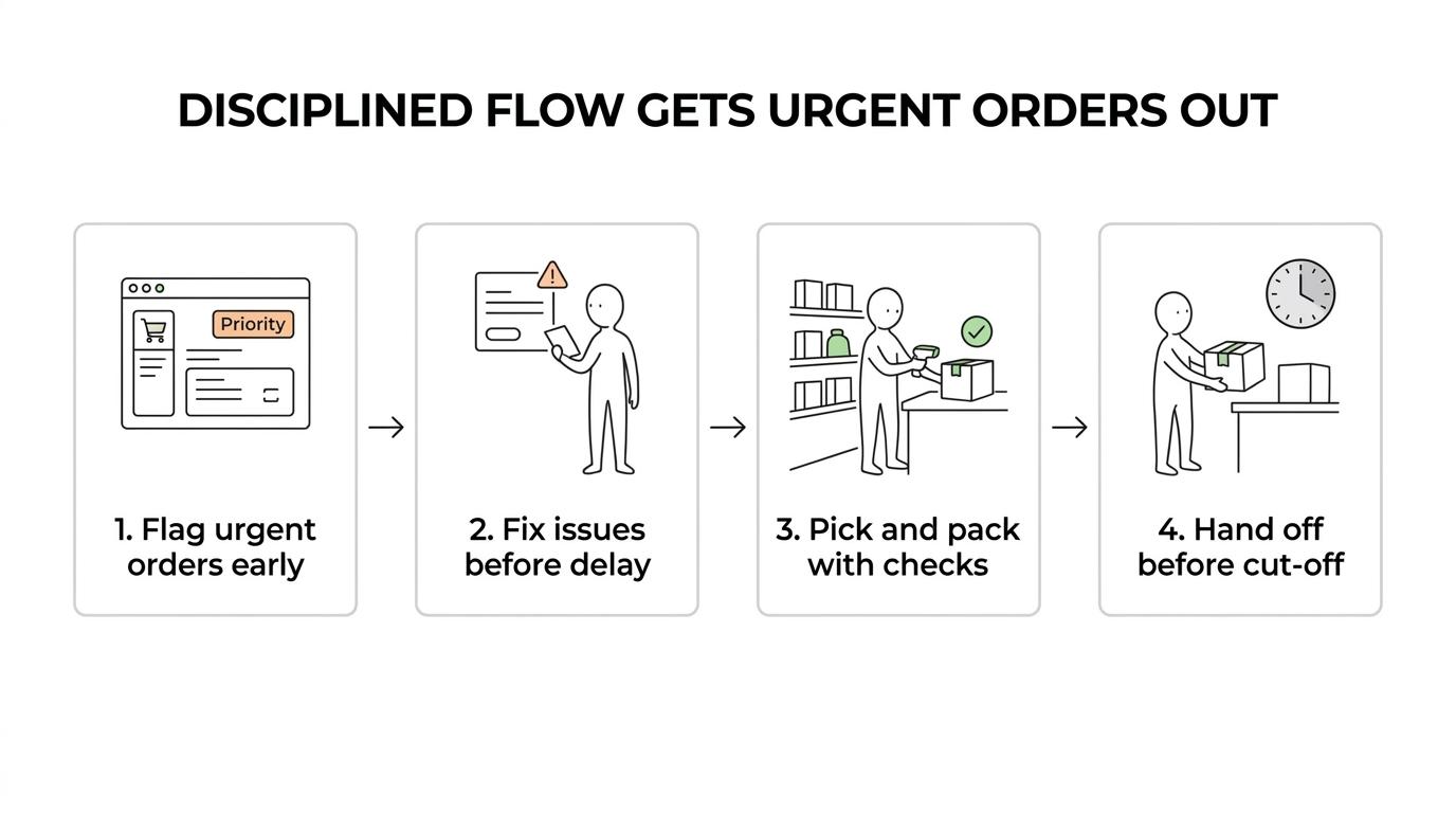A step-by-step warehouse fulfilment flow showing an urgent ecommerce order moving from order import and stock allocation through picking, packing, label generation, and carrier hand-off.
