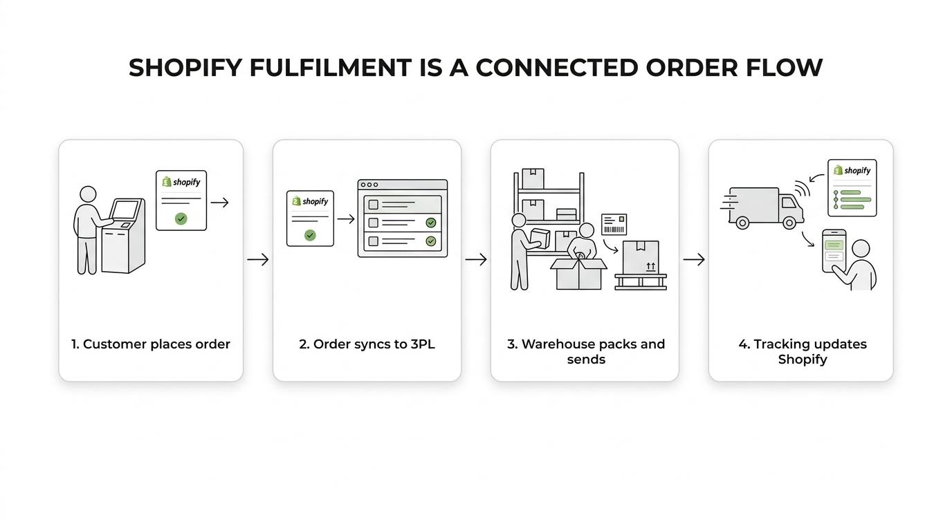 Flow showing a Shopify order moving from checkout to stock allocation, warehouse pick and pack, carrier dispatch, tracking sync, and customer updates.