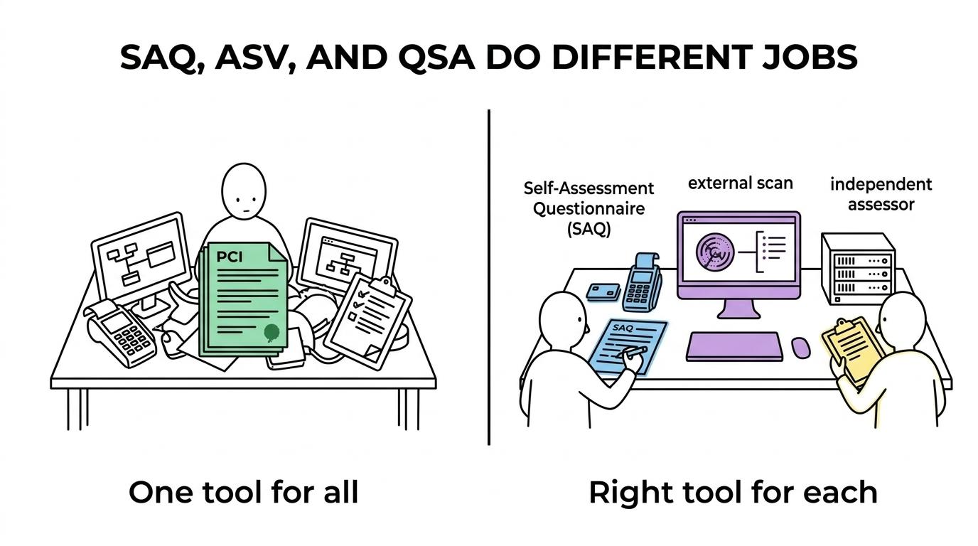 Side-by-side comparison of an SAQ, an ASV scan, and a QSA assessment showing what each is for, who typically needs it, and what it does not cover.