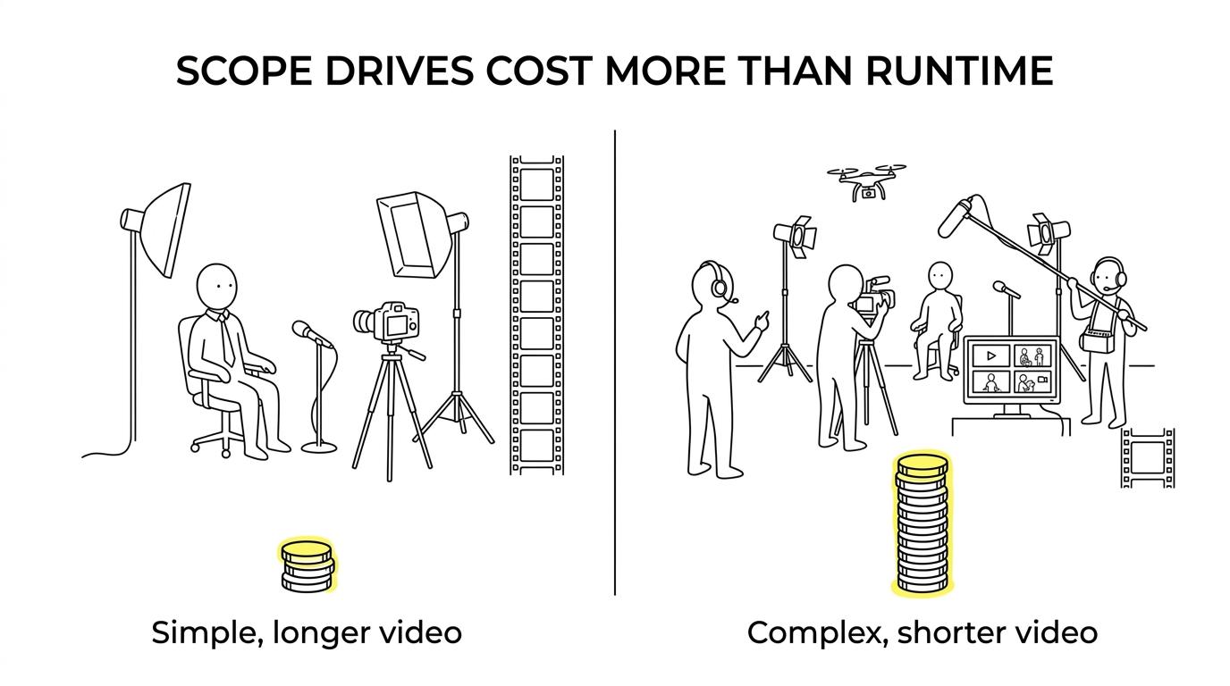 Side-by-side comparison of a simple one-location executive interview production and a larger multi-day corporate campaign with multiple locations, more crew, drone footage, and several deliverables.