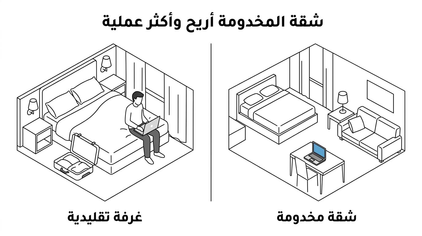 مقارنة جانبية بين غرفة فندقية تقليدية وشقة مخدومة توضح فرق المساحة والخدمات اليومية وملاءمة الإقامة لعدة ليالٍ.