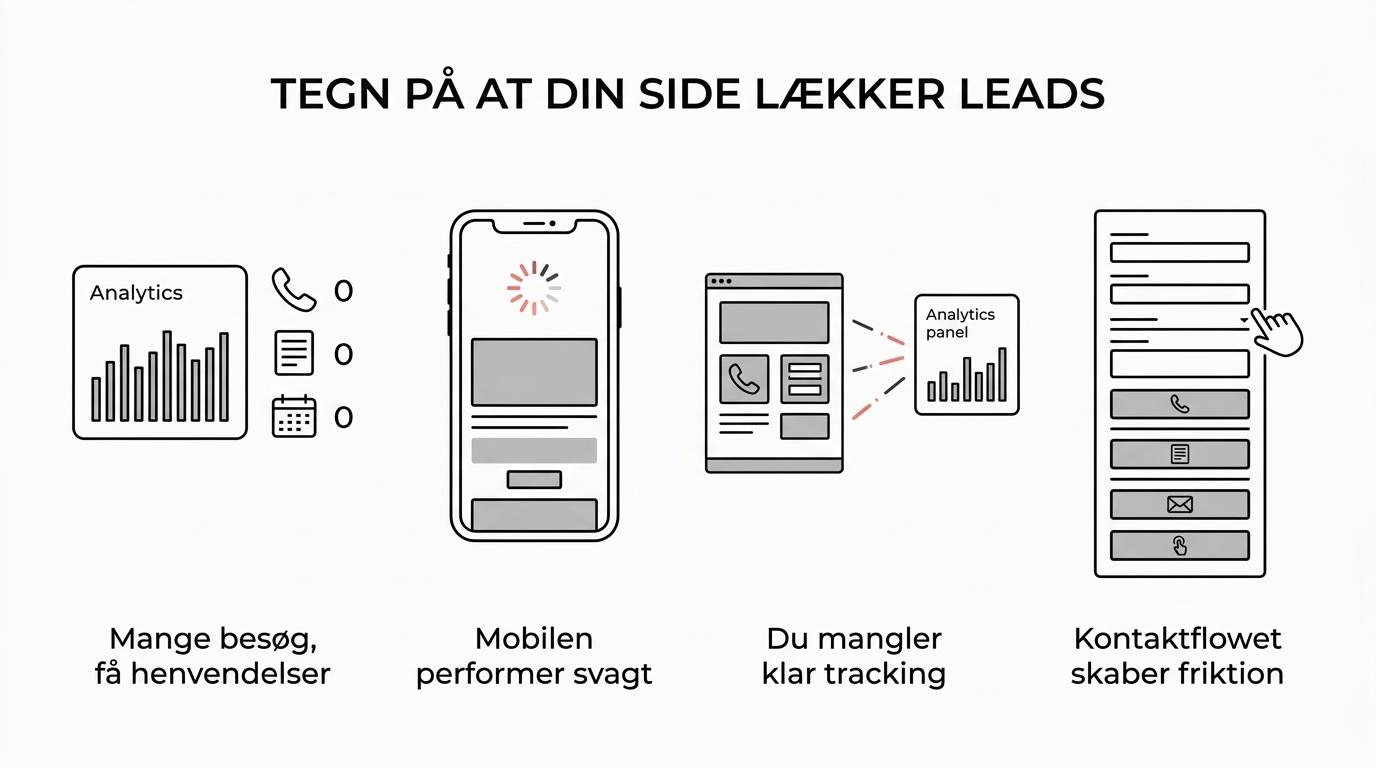 Visuelt overblik over syv tegn på, at en hjemmeside er klar til konverteringsoptimering, herunder relevant trafik men få leads, svag mobilperformance, manglende tracking, for lange formularer, frafald i flowet, for mange CTA’er og dyr trafik.