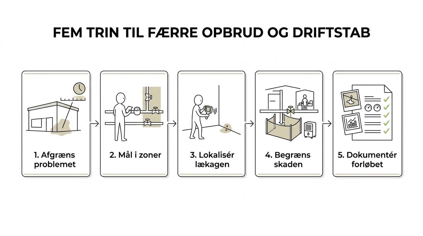 Flowdiagram over lækagesporing i fem trin: afgrænsning, måling, lokalisering, skadebegrænsning og dokumentation.