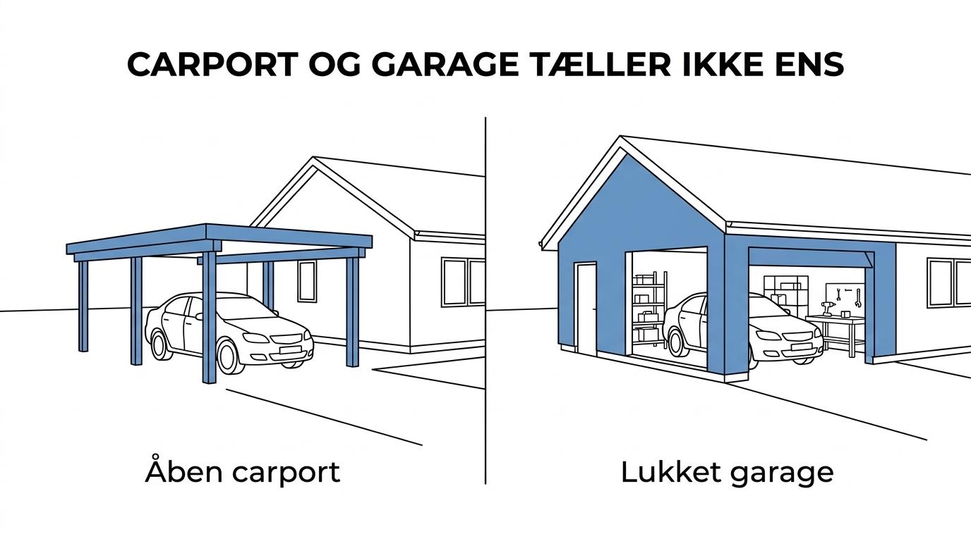 Sammenligning af carport og garage med forskelle i åbenhed, BBR, skelafstand, arealregler og daglig brug.