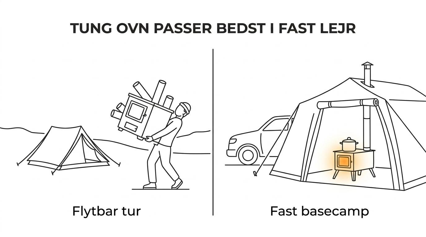 Sammenligning af to teltsetup: et større basecamp-telt med tung brændeovn og kogeflade over for et mere kompakt, mobilt teltsetup med fokus på lavere vægt og hurtig flytning.