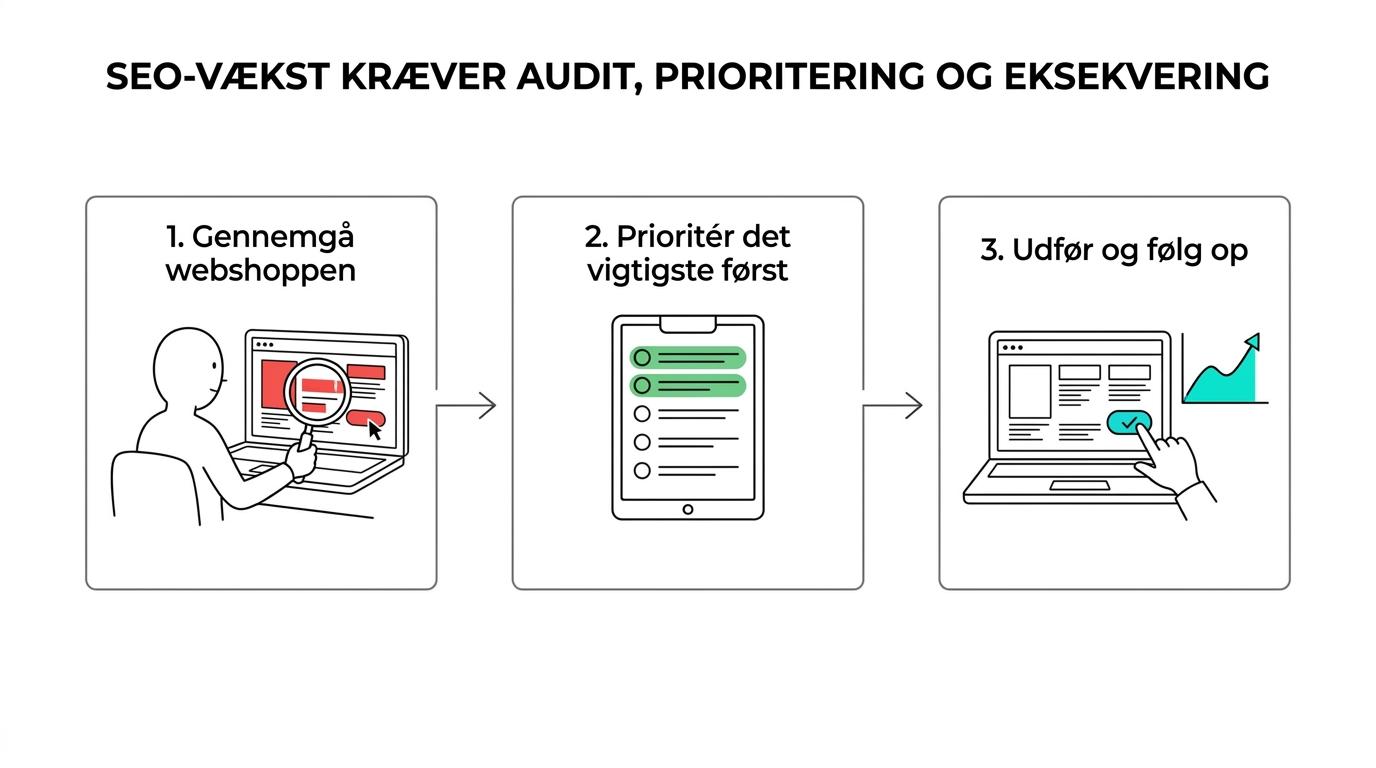 Three-step SEO workflow for webshops: audit, prioritized plan, and execution with follow-up.