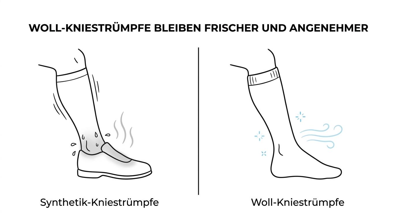 Side-by-side comparison of wool and synthetic knee socks showing differences in moisture handling, odor buildup, and freshness after airing out.