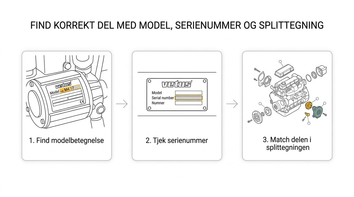Flow over VETUS-reservedelssøgning med modelnummer, serienummer og splittegning, der leder til korrekt reservedel.