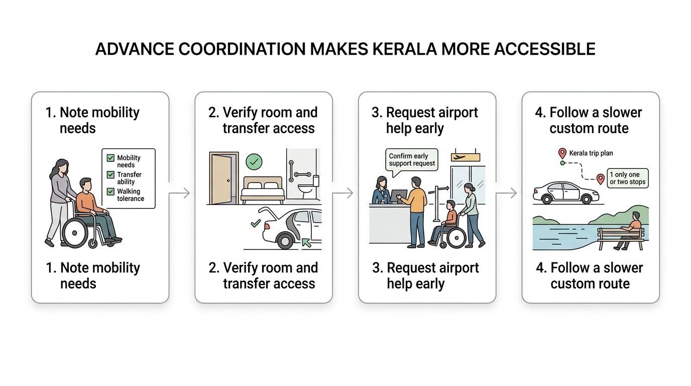 A step-by-step accessible Kerala trip planning flow from traveler needs to airport help, verified rooms, suitable transfers, and slower sightseeing.