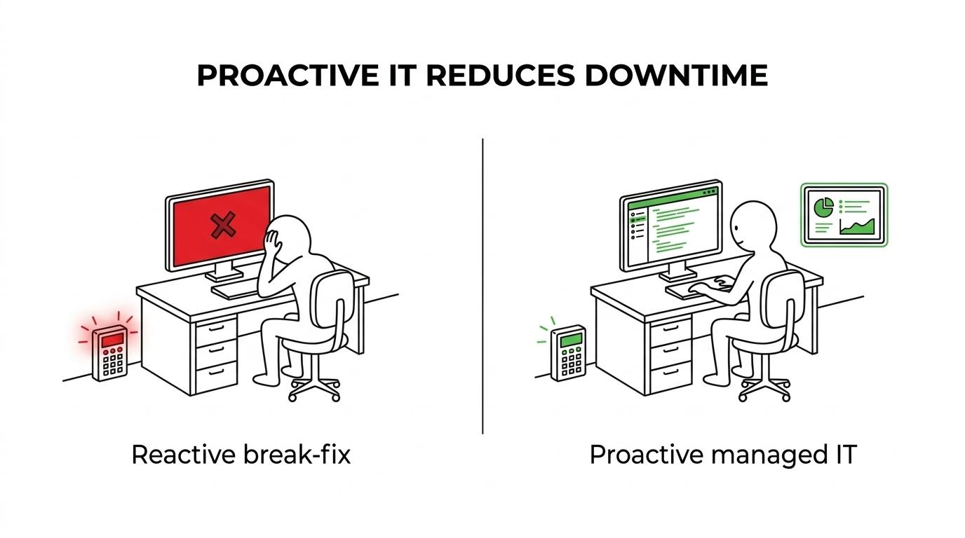 Side-by-side comparison of reactive break-fix IT support and proactive managed IT services with monitoring, flat-rate support, and planning.