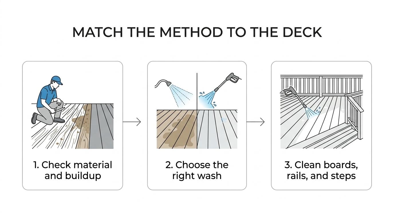 Elevation Power Washing Deck Cleaning in Columbia SC 1 Three-step deck cleaning process showing surface evaluation, method selection, and cleaning with final review.