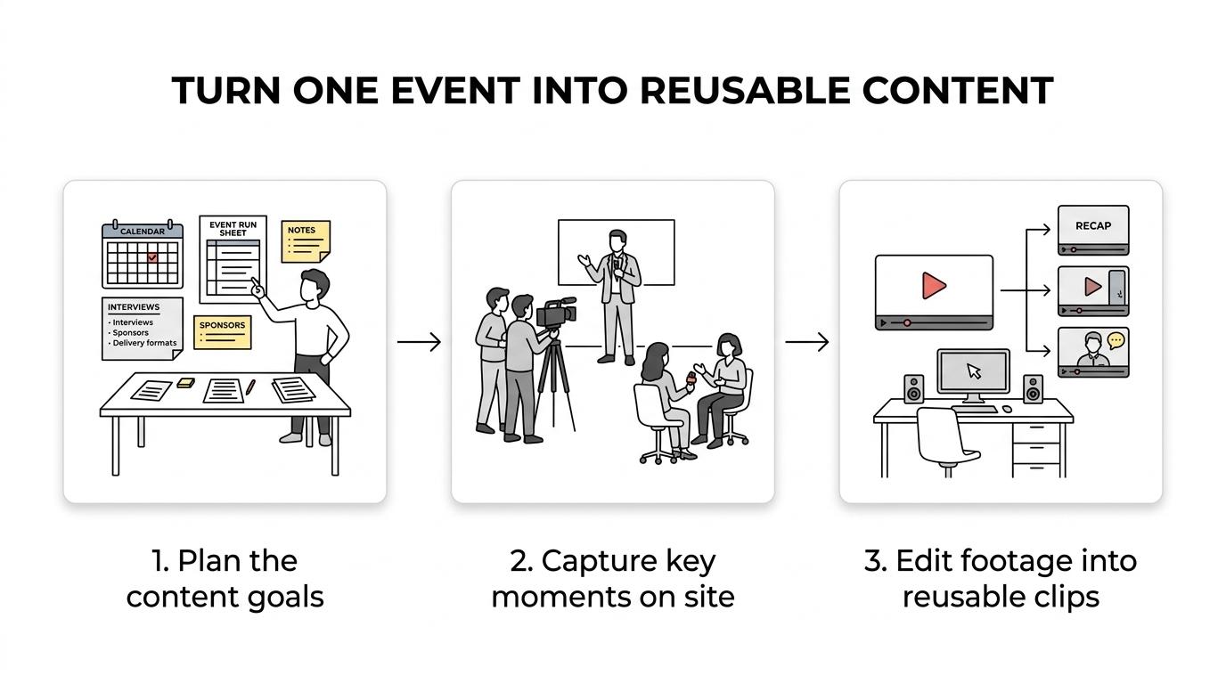 A three-stage event videography workflow showing pre-production planning, on-site filming, and post-production edits turning event footage into multiple marketing assets.