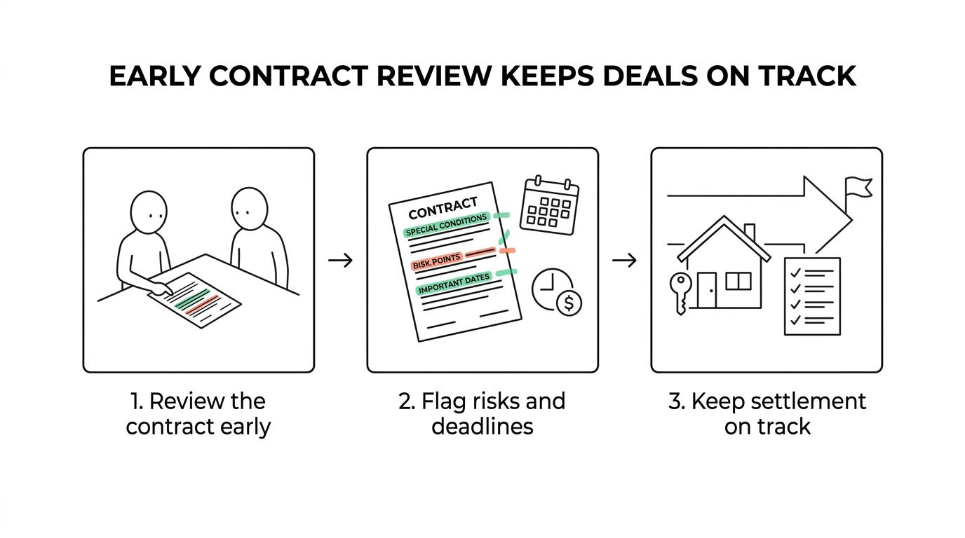 A step-by-step property conveyancing timeline from contract review before exchange through cooling-off, finance and inspections, to electronic settlement.