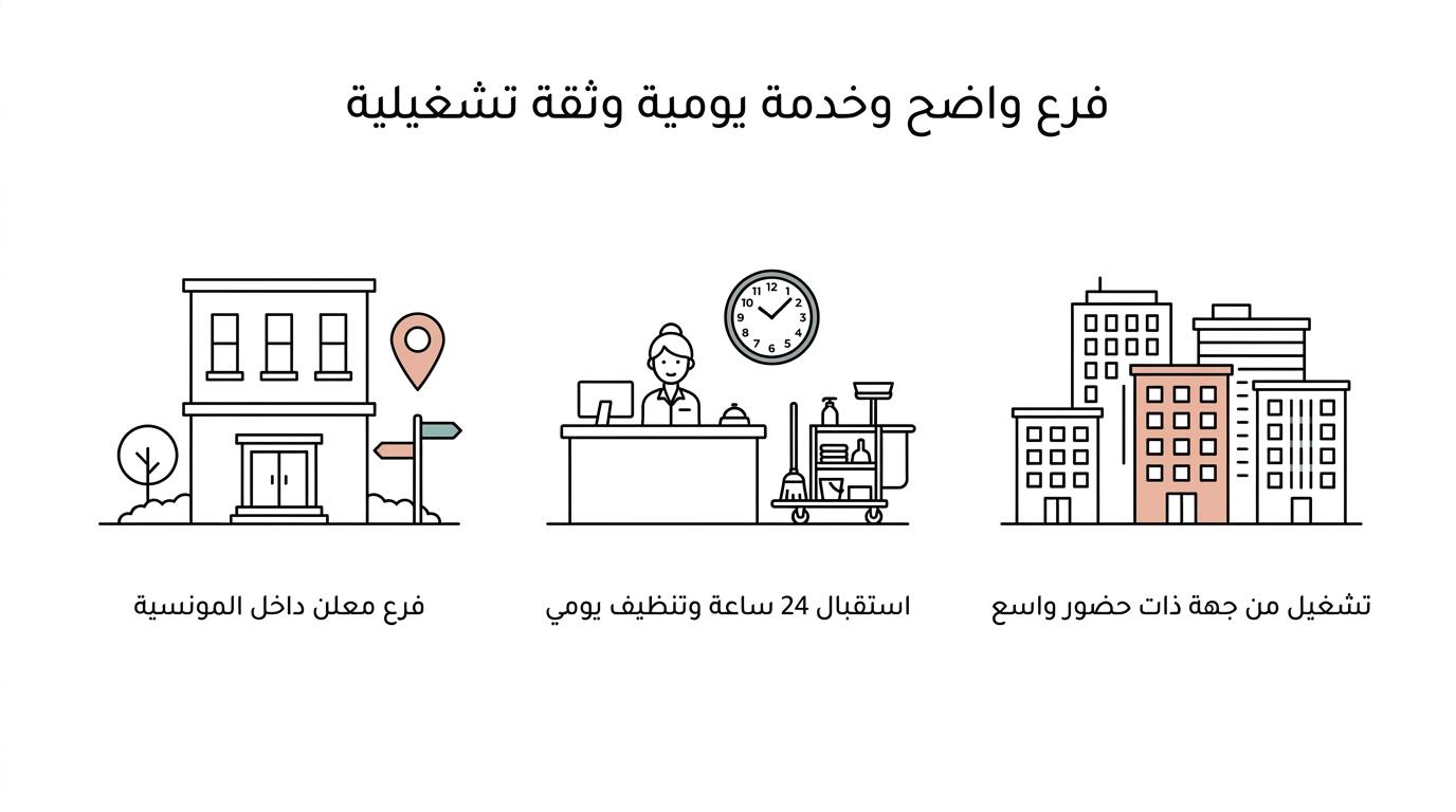 عرض بصري لعوامل اختيار شقق لؤلؤة الثريا في المونسية: فرع واضح داخل الحي، استقبال 24 ساعة، تنظيف يومي، وأكثر من 30 منشأة في السعودية.