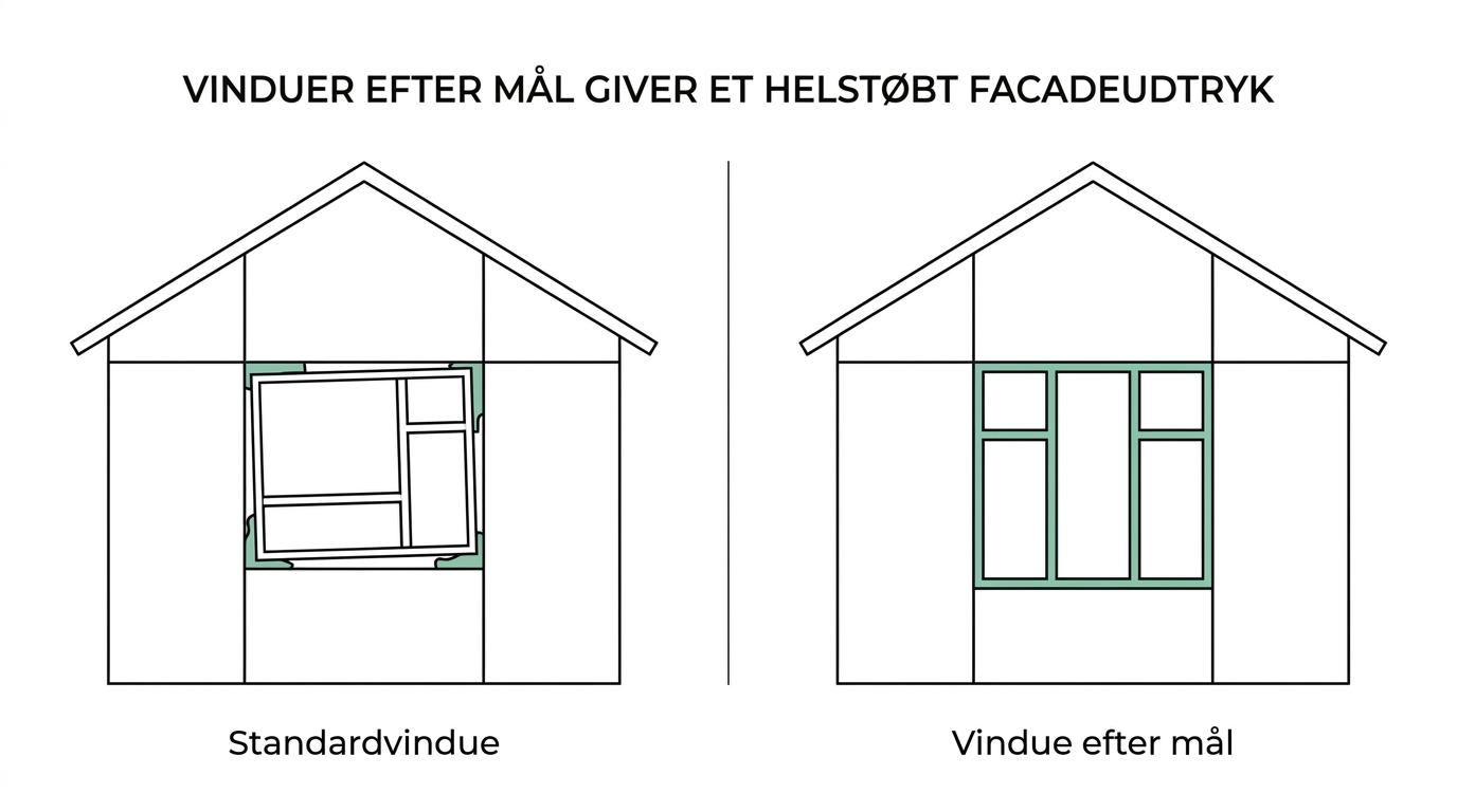 Sammenligning af to klassiske husfacader, hvor et standardvindue ser forkert proportioneret ud, mens et vindue efter mål passer præcist med sprosser og åbning.