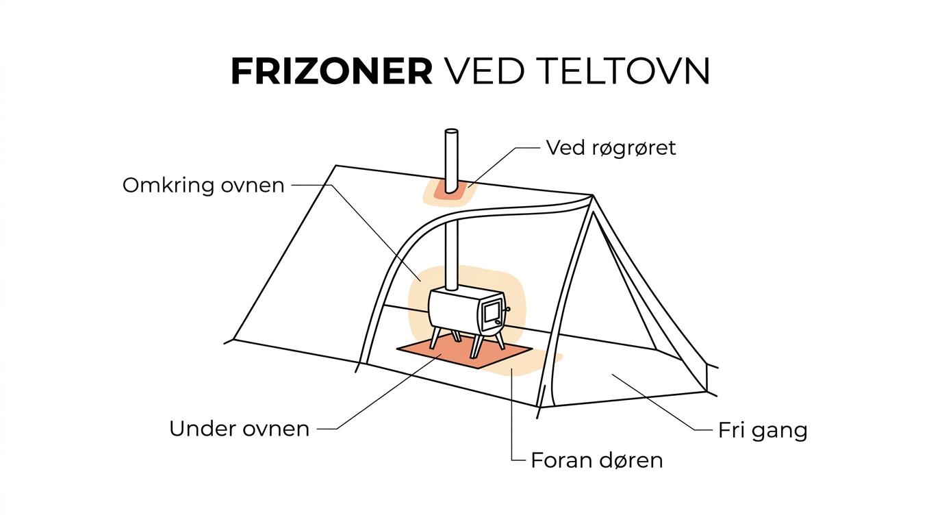 Diagram af et telt med teltovn, hvor sikre afstandszoner omkring ovn, røgrør, base og fri udgang er markeret.