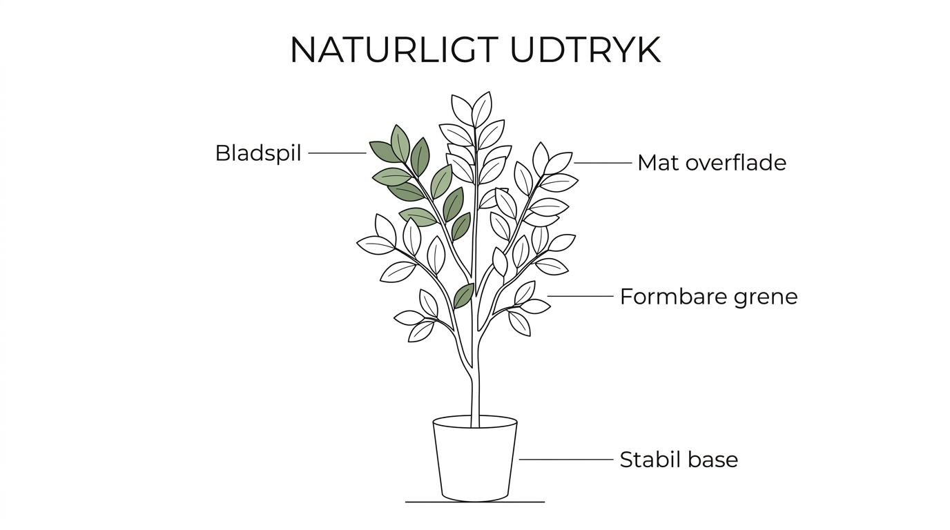 Artificial floor plant with labels pointing to multitone leaves, matte surface, bendable branches, and a stable base.