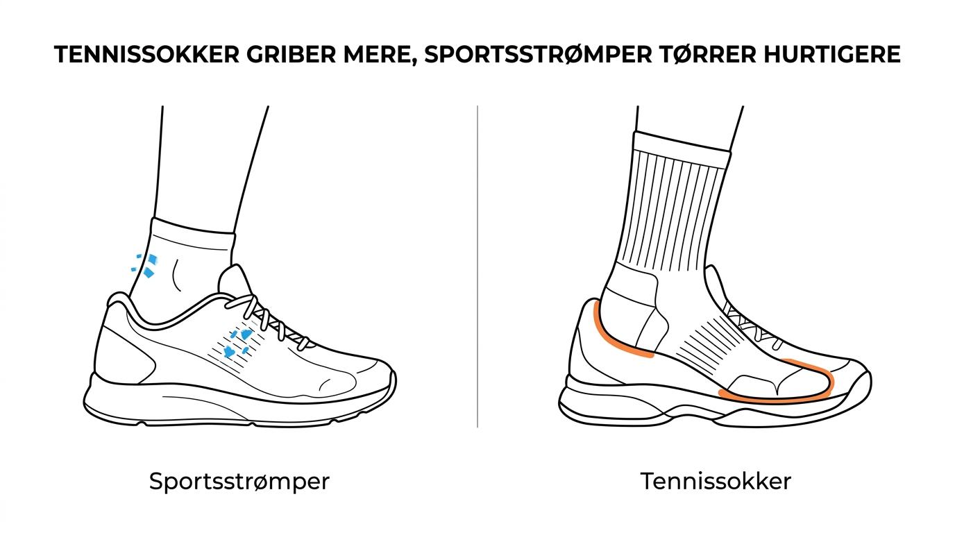 Side-by-side sammenligning af hvide sportsstrømper og tennissokker med forskelle i skaft, polstring, greb, fugthåndtering og bedste brug.