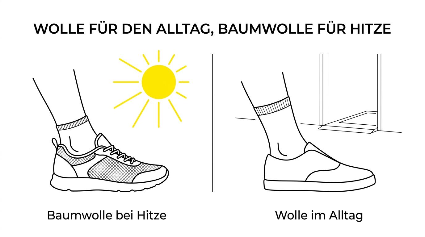 Seitenvergleich zwischen Wollstrumpf und Baumwollsocke mit Alltagskriterien wie Geruch, Temperaturausgleich, Hautgefühl, Trageintervall und Einsatzbereich.