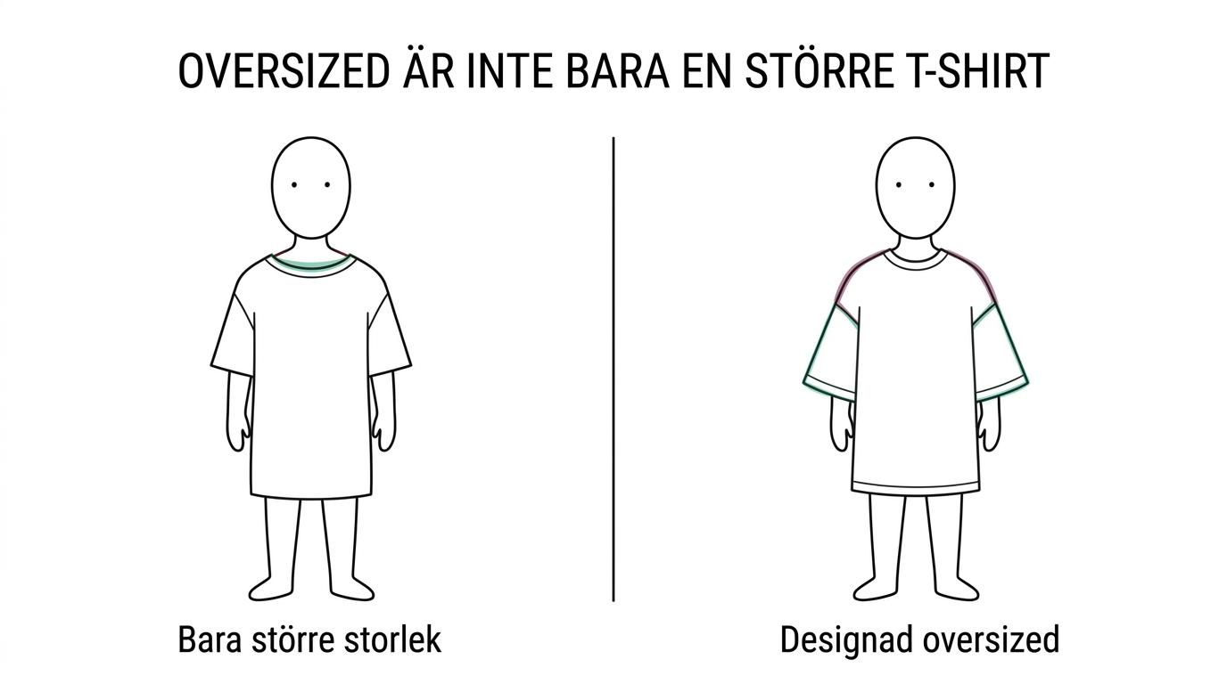 Jämförelse mellan regular fit, medvetet oversized och en vanlig t-shirt som bara är för stor på liknande kroppar.