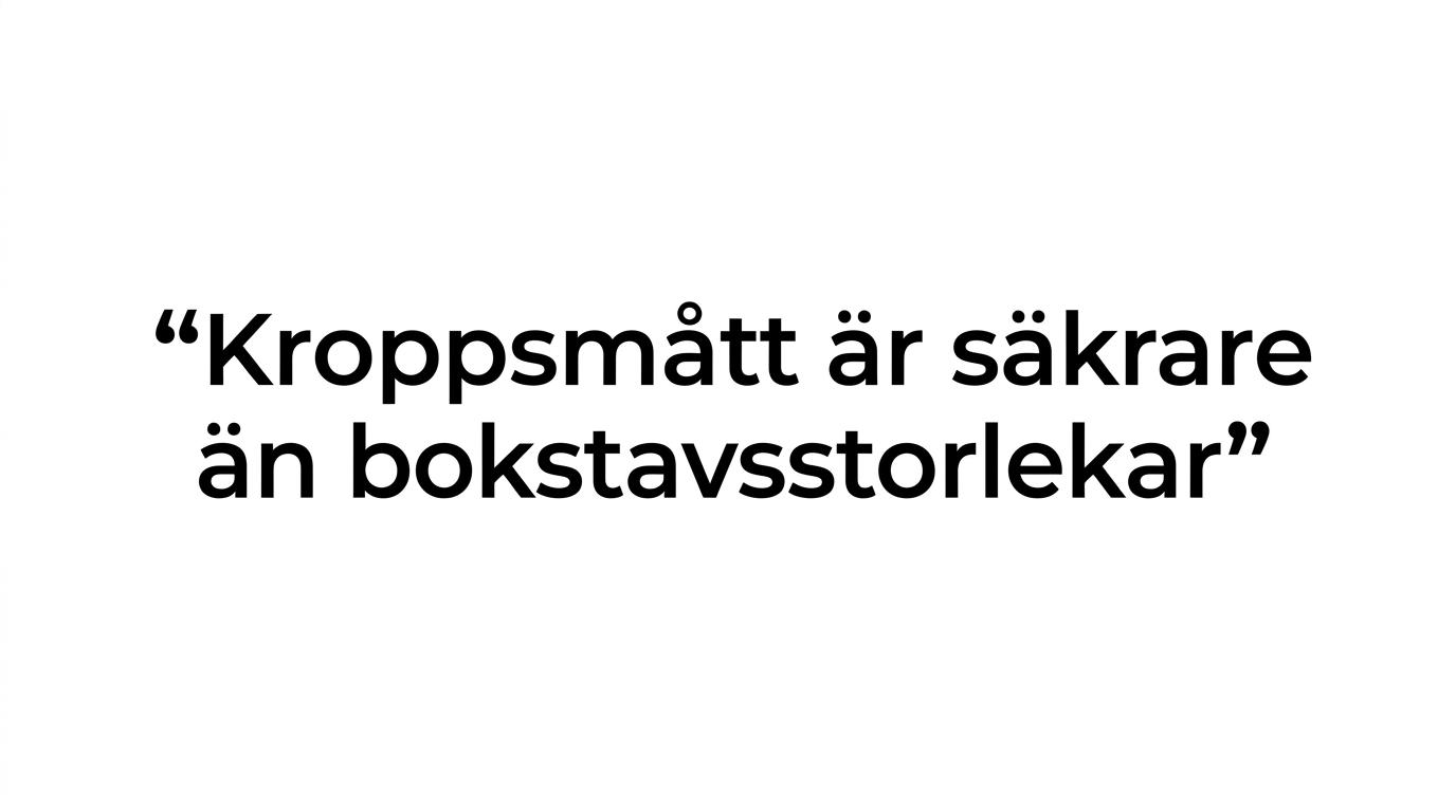 Citatgrafik som lyfter rådet att välja storlek utifrån kroppsmått i stället för S, M eller L.
