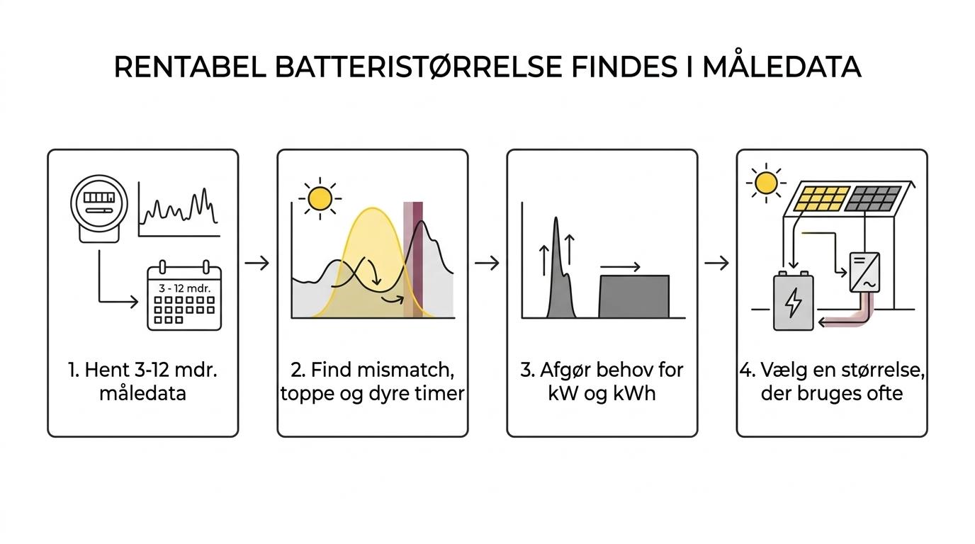 Procesgrafik, der viser hvordan et erhvervsbatteri lagrer solstrøm midt på dagen og bruger den senere til eget forbrug, peak shaving og mindre køb i dyre timer.