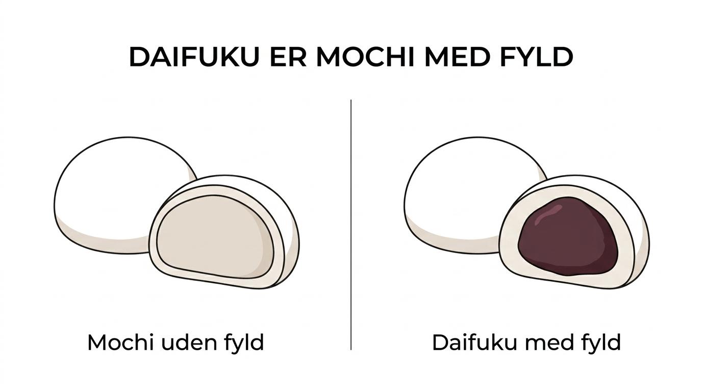 Sammenligning af en enkel mochi og en daifuku med fyld vist side om side, hvor daifuku er skåret over.