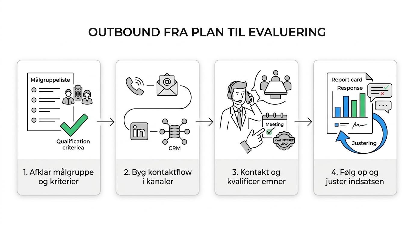 Procesdiagram med fire trin i B2B outbound: planlægning, opsætning, gennemførelse og evaluering.
