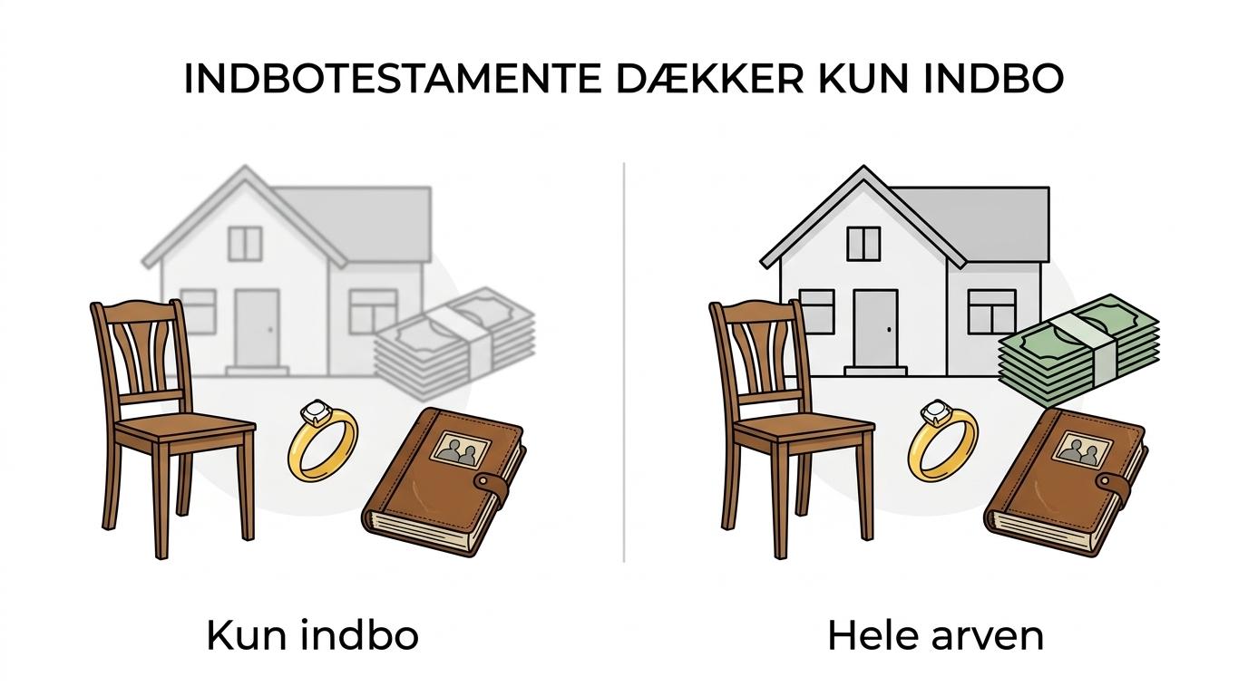 Sammenligning mellem indbotestamente og almindeligt testamente med konkrete ting som smykker og møbler på den ene side og formue som penge, værdipapirer og bolig på den anden.
