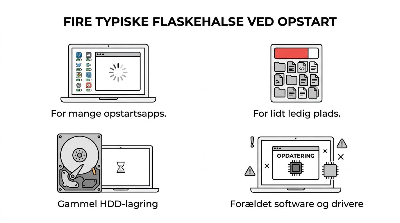 Illustration af en bærbar computer omgivet af ikoner for opstartsapps, lav diskplads, HDD, opdateringer, malware, RAM og varme.