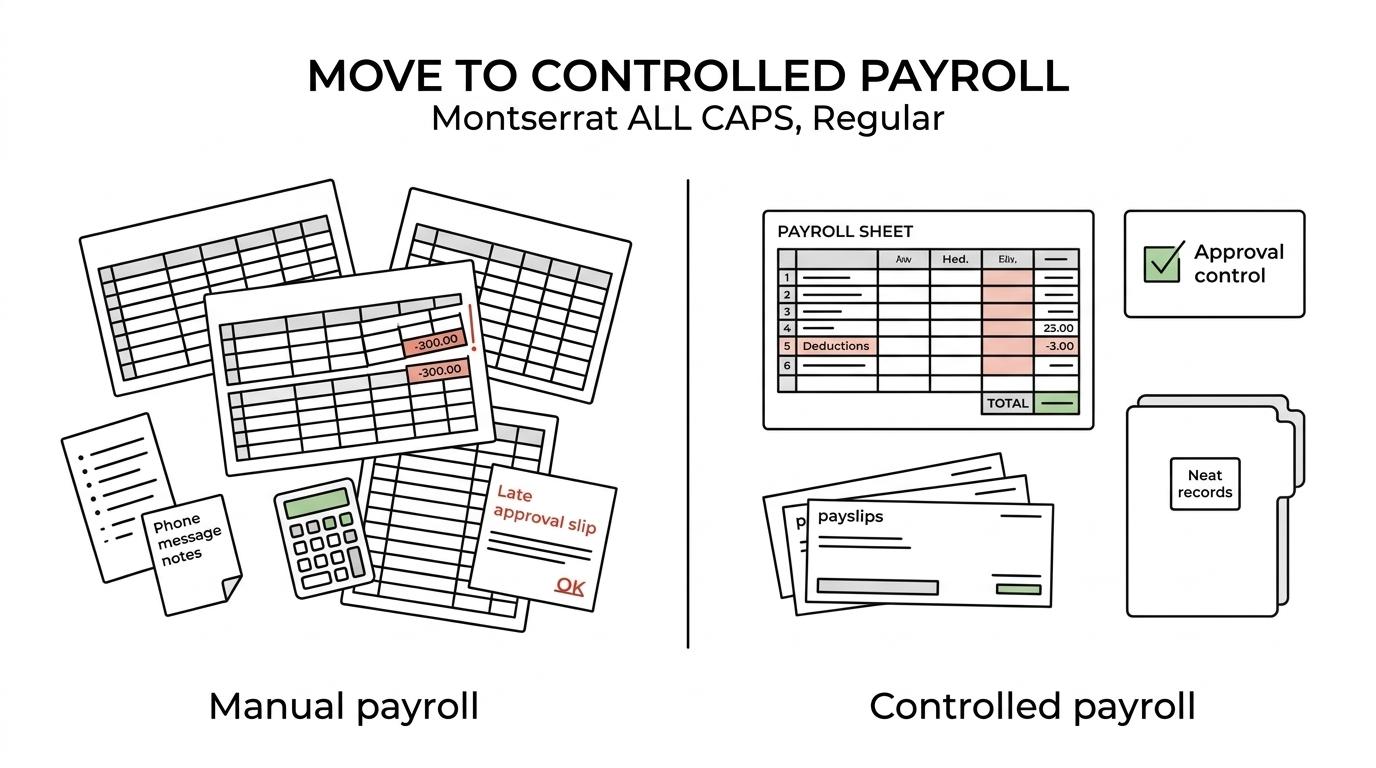 Side-by-side comparison of manual payroll managed through spreadsheets and informal approvals versus outsourced payroll with structured controls, deductions, payslips, and reporting.