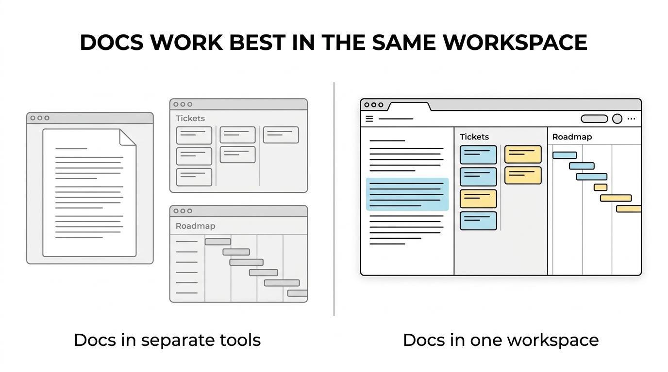 Side-by-side comparison of a fragmented tool stack for docs, tickets, planning, and AI versus a unified TOW workspace connecting roadmaps, docs, tasks, and knowledge.