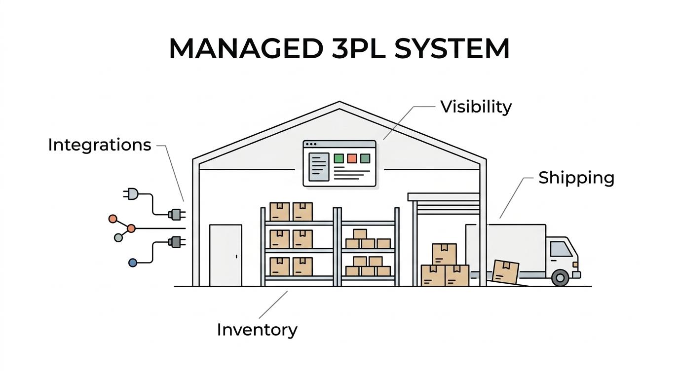 Labeled diagram of SVDirect’s fulfillment system showing receiving, warehousing, pick and pack, order processing, shipping, returns support, reporting, and connected visibility tools around a central Bay Area 3PL hub.