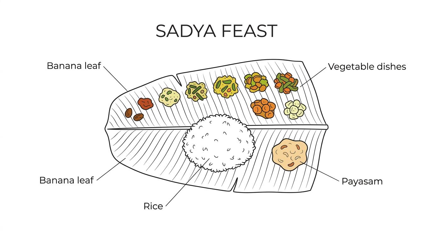 Labeled banana leaf Sadya showing rice, sambar, avial, thoran, pachadi, pickles, banana chips, pappadam, and payasam.