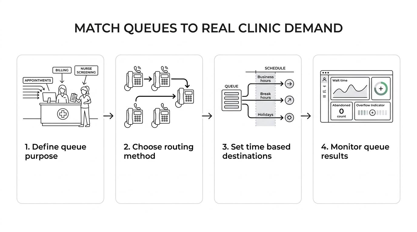Flow diagram showing clinic queue setup steps: define queue purpose, choose routing strategy, set time-based destinations, and enable monitoring.