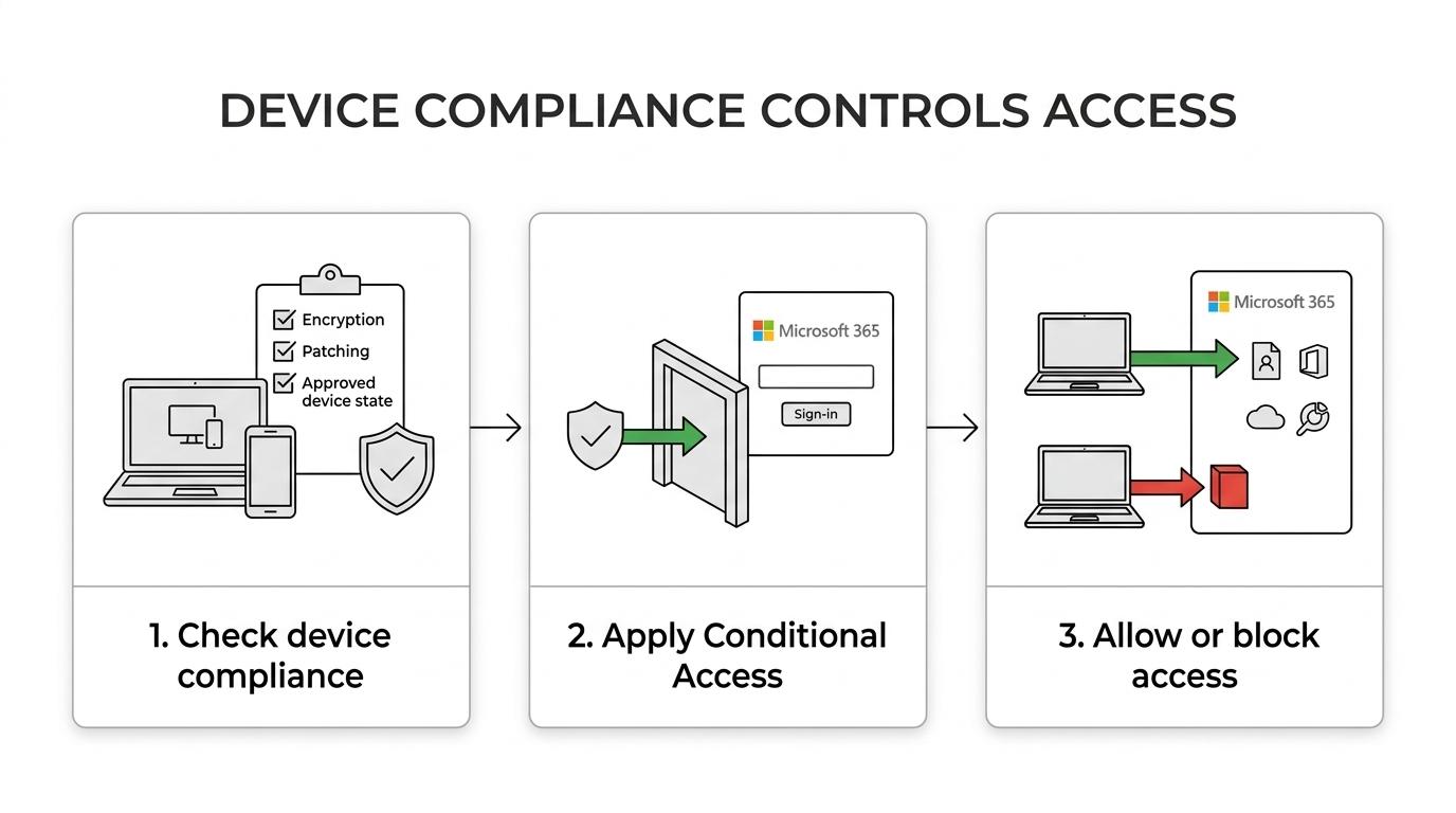 A step-by-step flow showing managed devices being checked for compliance in Intune and then either allowed or blocked from Microsoft 365 by Conditional Access.