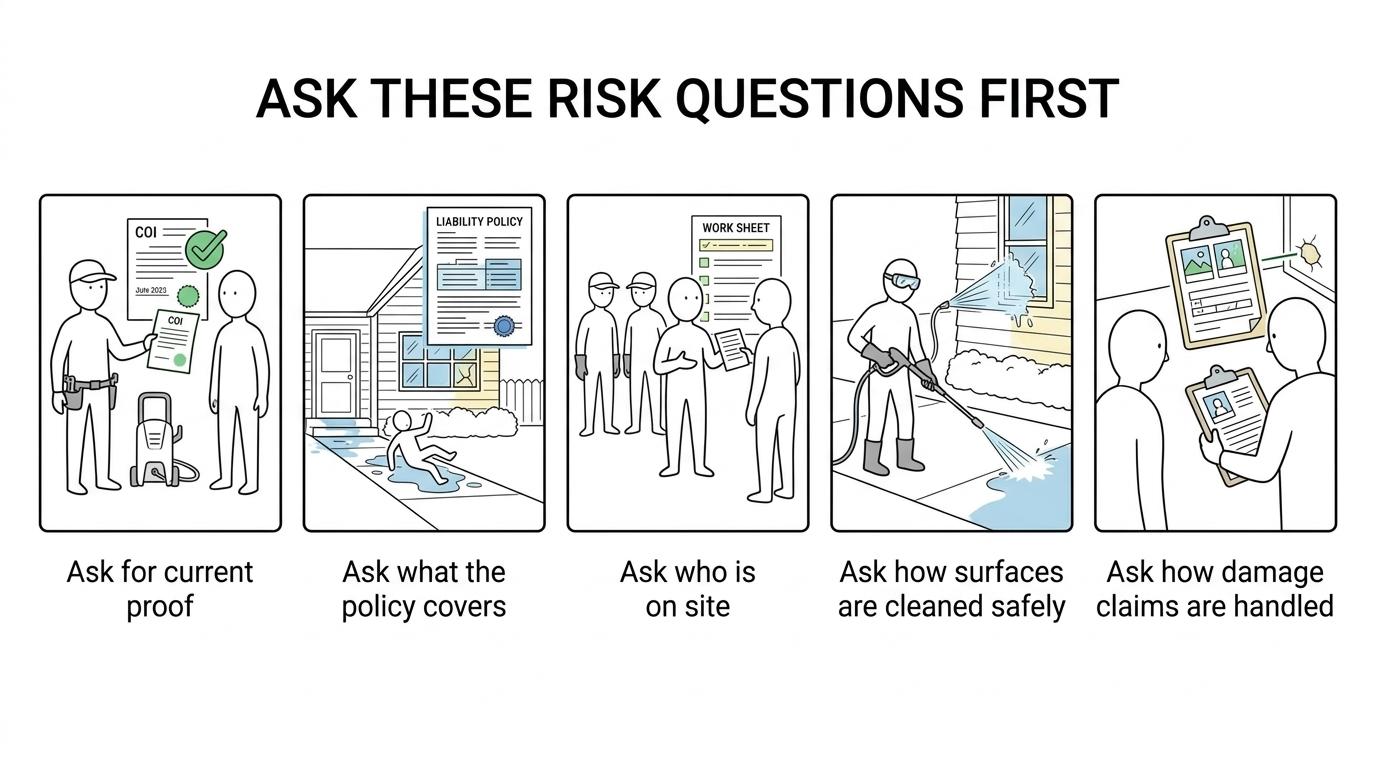 Visual listing seven insurance, worker, and safety questions to ask before hiring a pressure washing company.