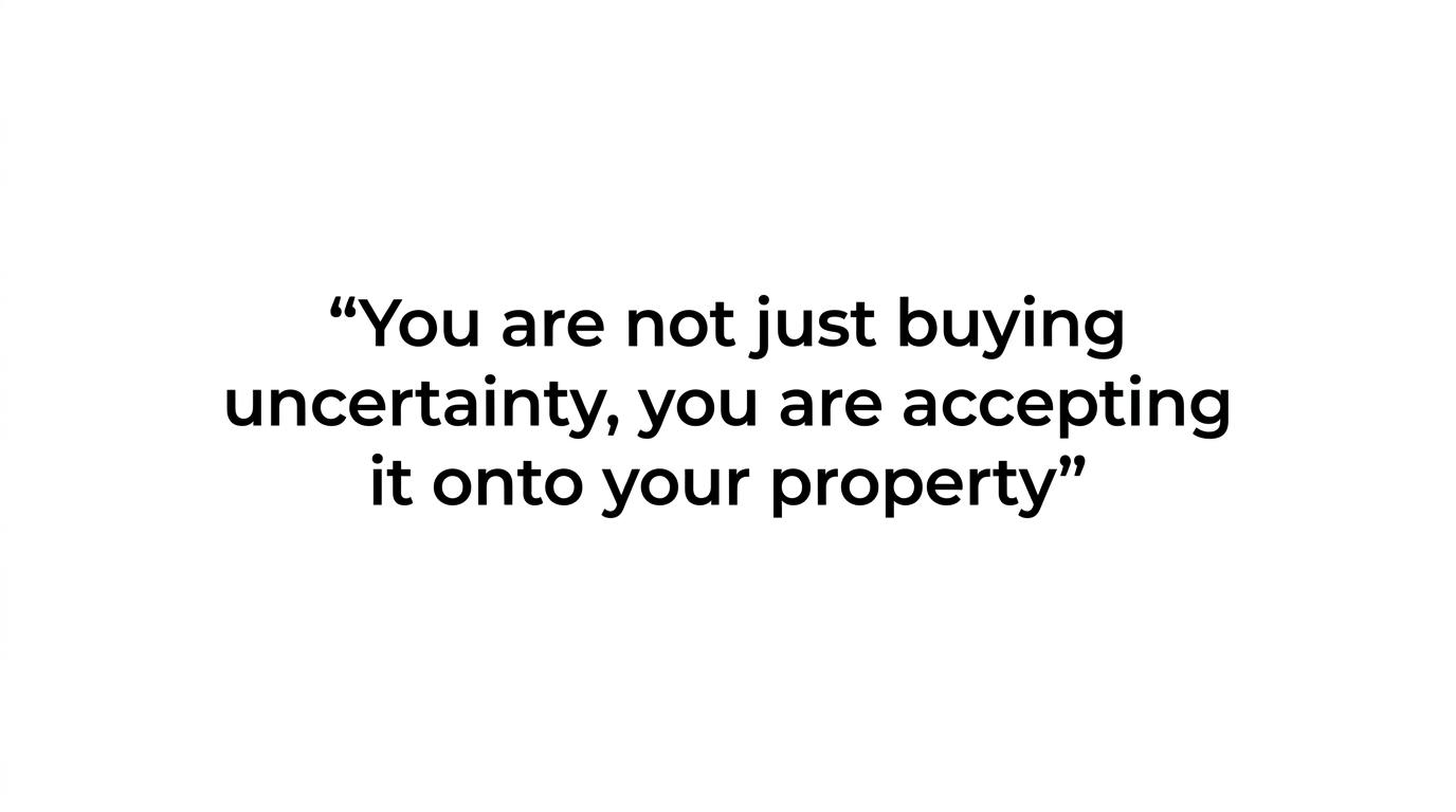 Highlighted quote stating that unclear coverage, worker, and surface-protection answers mean you are accepting uncertainty onto your property.