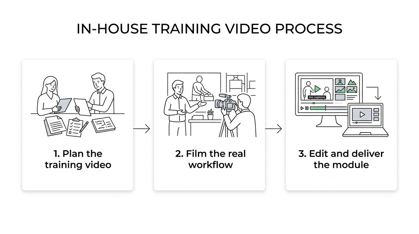 Three-step training video production process showing planning, on-site filming, and edited rollout for workplace training.