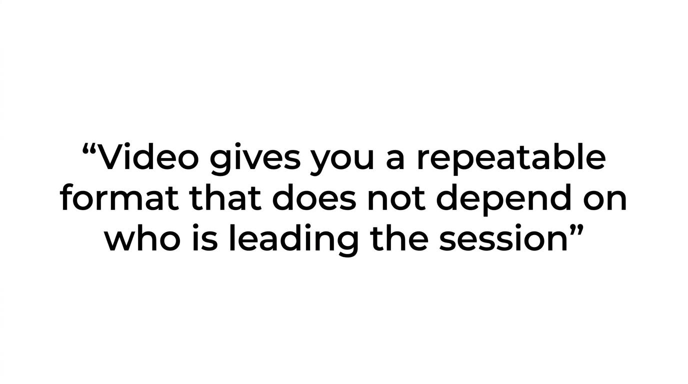 Quote card highlighting that training quality can drift when knowledge lives in slide decks, manuals, or one supervisor’s memory.