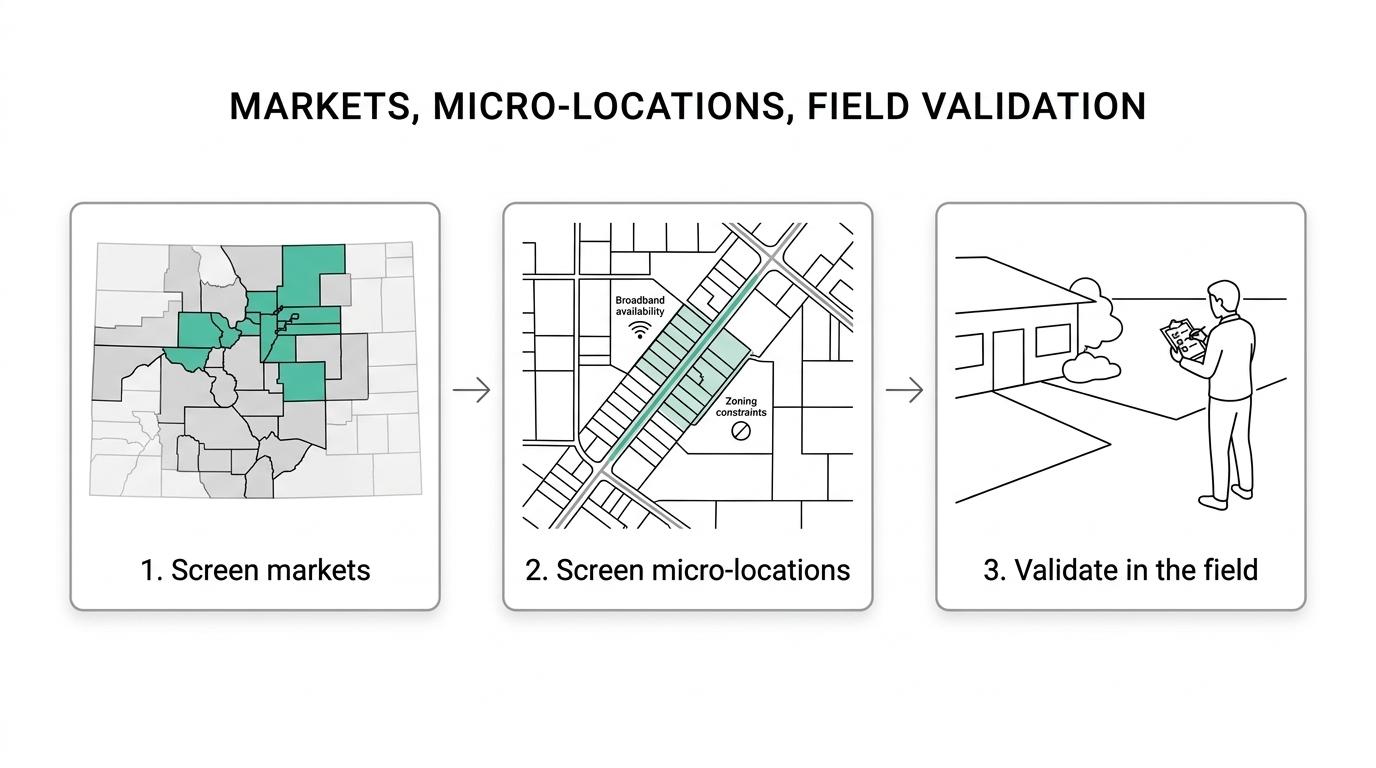 Flow diagram showing site selection moving from market screening to micro-location screening to field validation, with demand, labor, access, economics, and risk checked along the way.
