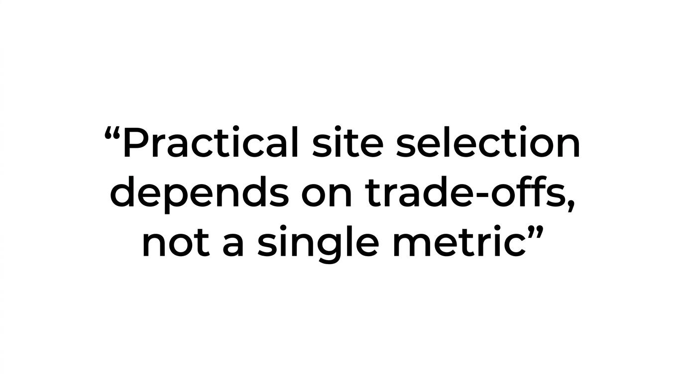 Quote card highlighting that practical site selection depends on trade-offs, not a single metric.