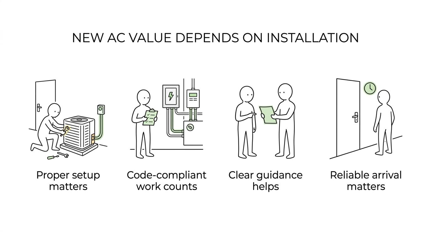 Labeled service highlights for AC installation, including trained technicians, proper setup, code-compliant work, clear communication, on-time arrival, and added duct or air quality support.