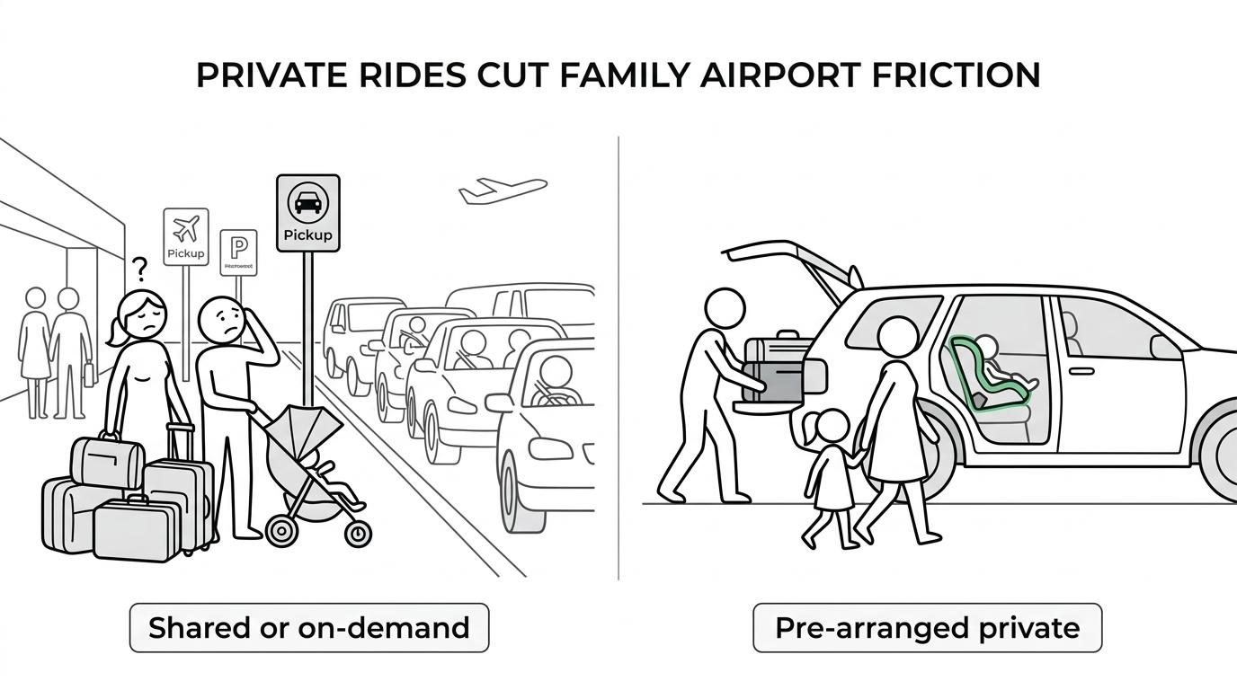 Comparison of private ride, shuttle, ride-share, and self-parking for Orlando families across pickup simplicity, direct transfer, child-seat planning, luggage help, and timing predictability.