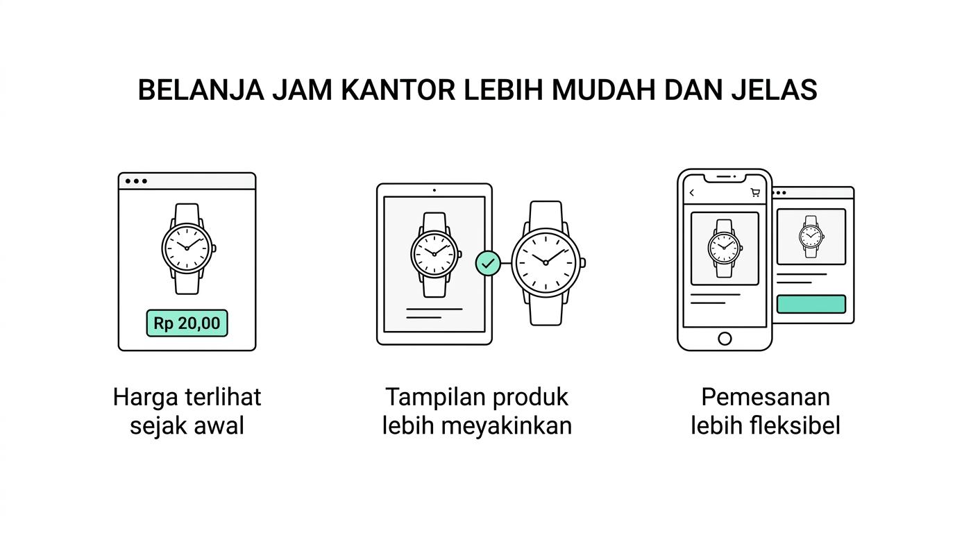 Infografik empat kelebihan Nakoda Arloji untuk jam tangan kantor wanita: harga transparan, tampilan sesuai foto, kanal pembelian fleksibel, dan free ongkir Jabodetabek.
