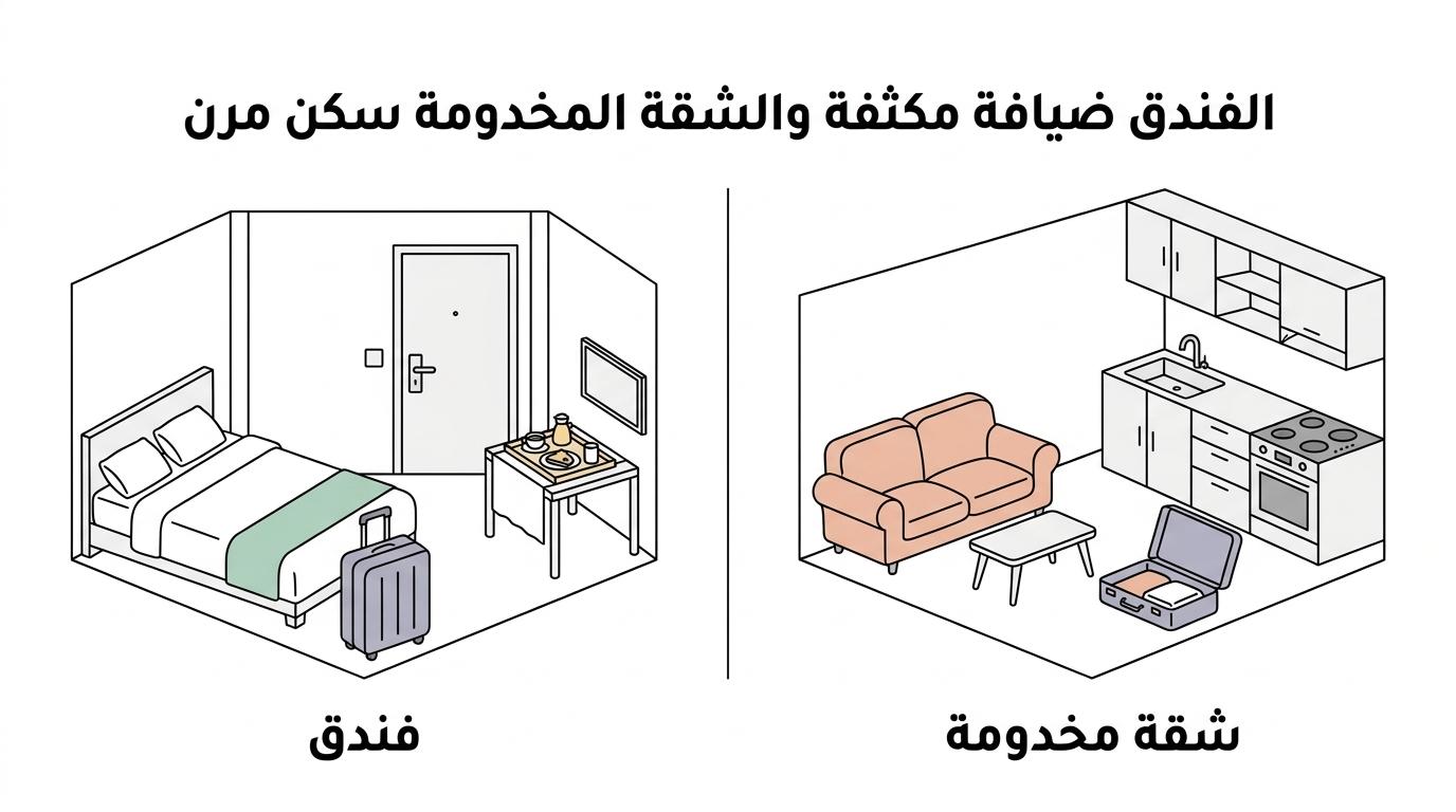 مقارنة مرئية بين فندق وشقة مخدومة من حيث المطبخ والمساحة والخدمة والتصنيف.