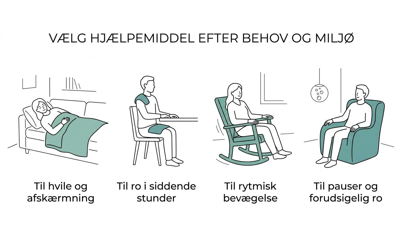Oversigt over forskellige sensoriske behov og hverdagssituationer koblet til tyngde- og sansehjælpemidler som tæpper, puder, gyngestole og hvilestole.